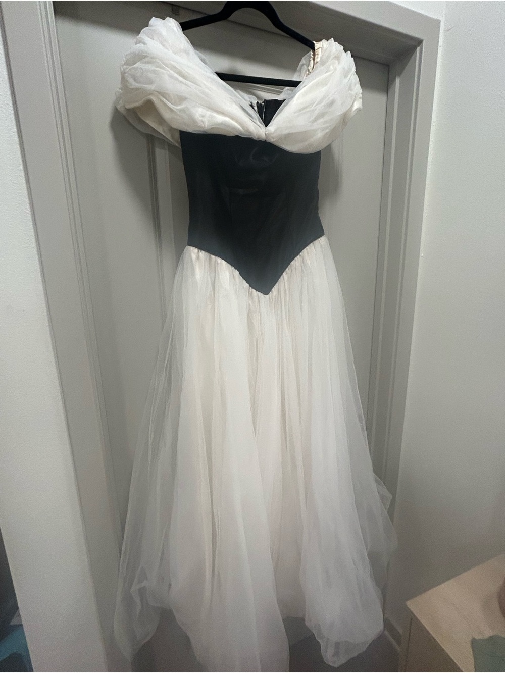 Vintage Black Bodice White Tulle Gown
